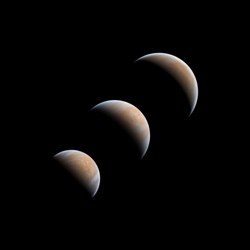 Composite image showing three crescent views of a planet, gradually moving from bottom left to top right against a black background. The planet is various shades of brown and orange, with atmospheric or surface details visible.