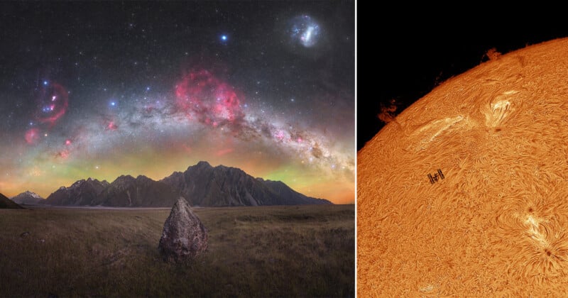 Left side: Starry night sky with red and green hues above a mountain range and grassy plain, with the Milky Way and Magellanic Clouds. Right side: Detailed, fiery surface of the Sun, showing intricate swirls and sunspots.